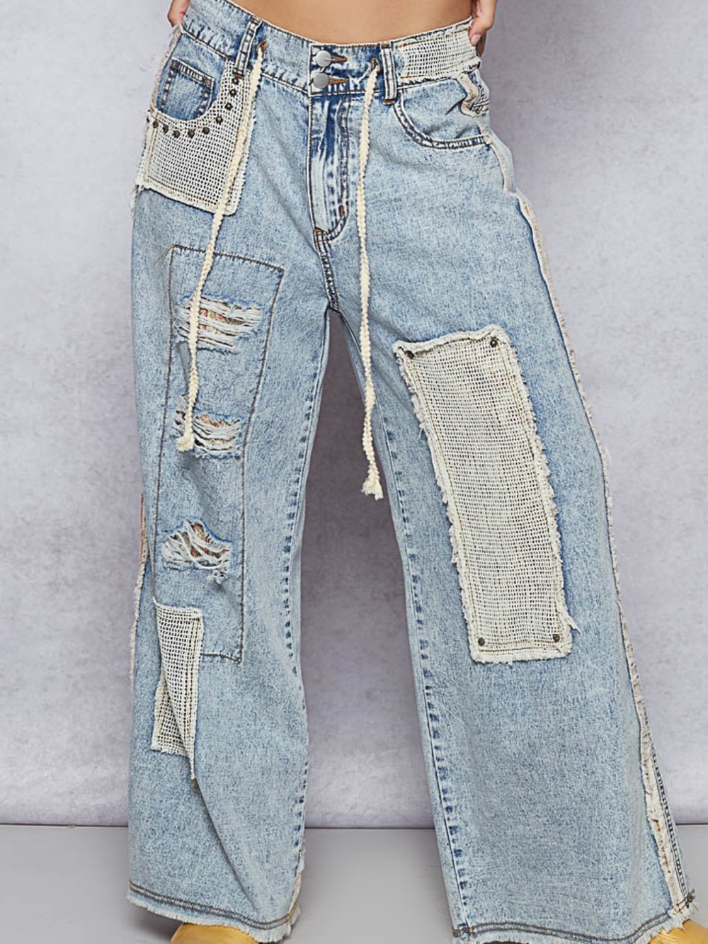 161. POL Light Blue Distressed Patchwork Stud Detail Wide-Leg Jeans NEW